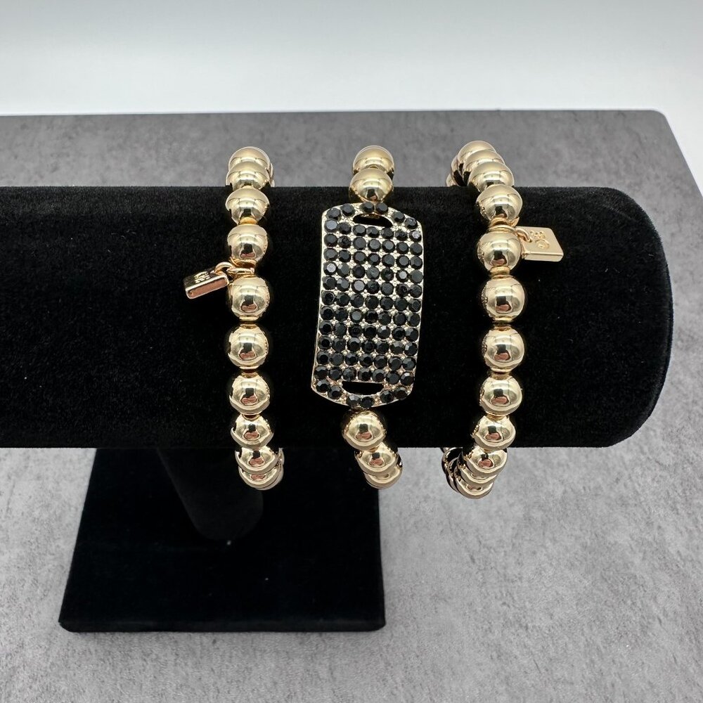 Open Edit 3 Piece Pave ID Stretch Gold Tone Black Beaded Stacking Bracelet